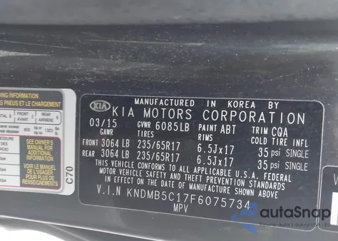 2015 Kia Sedona Lx из США, поврежденный, VIN KNDMB5C17F6075734